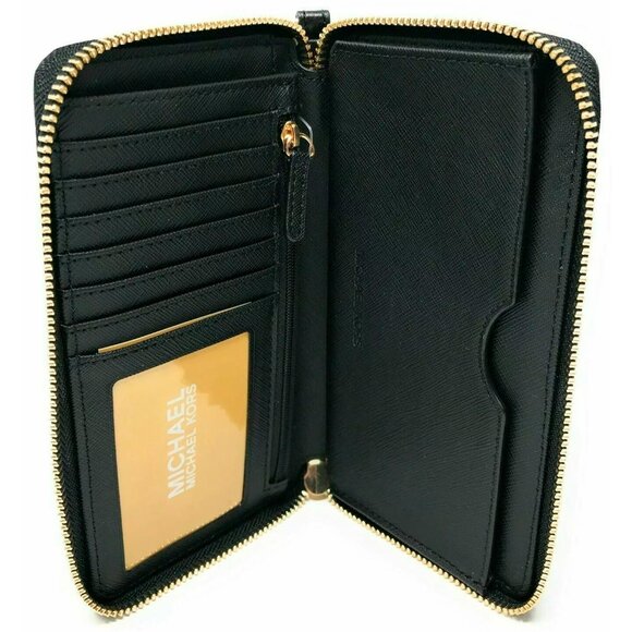 S Michael Kors Jet Set Travel Phone Case Wallet Wristlet Black Leather / Gold FS - Picture 3 of 8